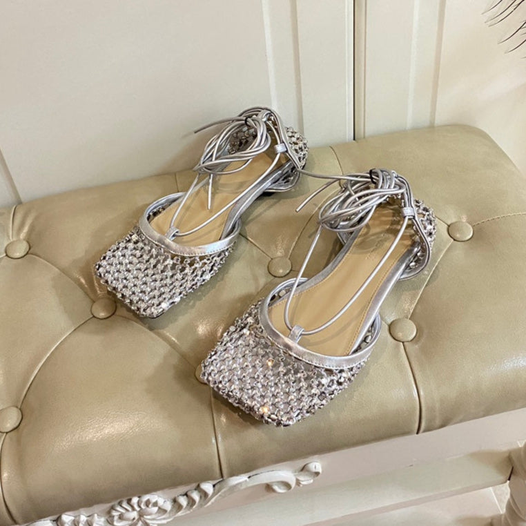 LACE-UP FLAT SANDAL IN SILVER METALLIZED MESH AND LEATHER WITH RHINSTONES