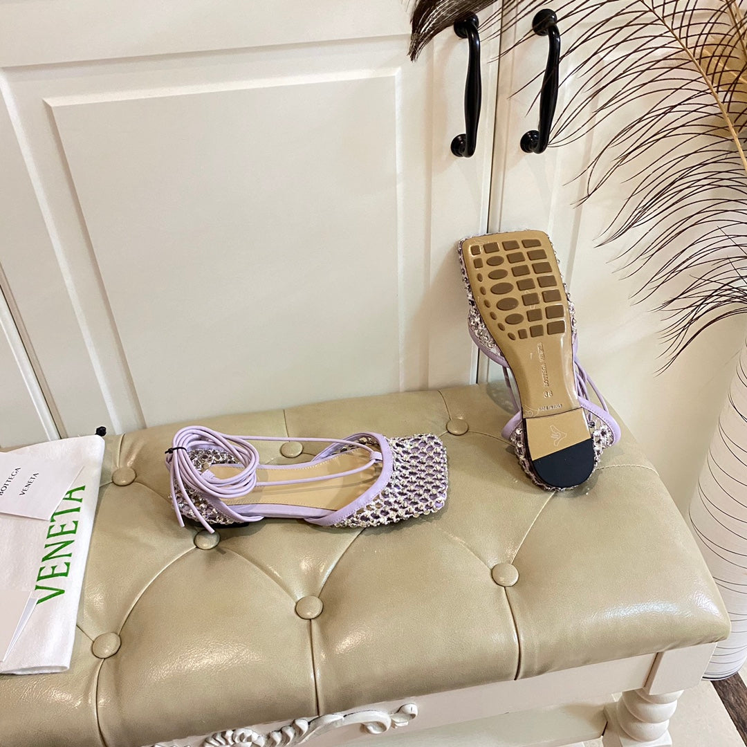 LACE-UP FLAT SANDAL IN LIGHT PURPLE METALLIZED MESH AND LEATHER WITH RHINSTONES
