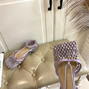 LACE-UP FLAT SANDAL IN LIGHT PURPLE METALLIZED MESH AND LEATHER WITH RHINSTONES