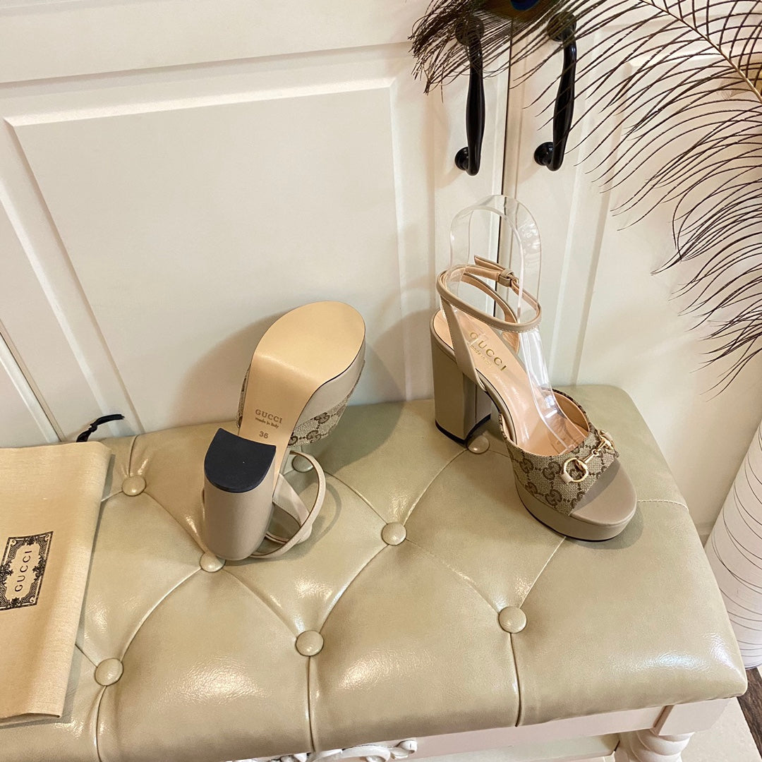 GG HORSEBIT PLATFORM SANDAL IN KHAKI BEIGE MONOGRAM CANVAS AND SHEEPSKIN LINING
