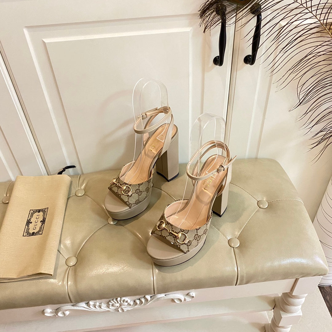 GG HORSEBIT PLATFORM SANDAL IN KHAKI BEIGE MONOGRAM CANVAS AND SHEEPSKIN LINING