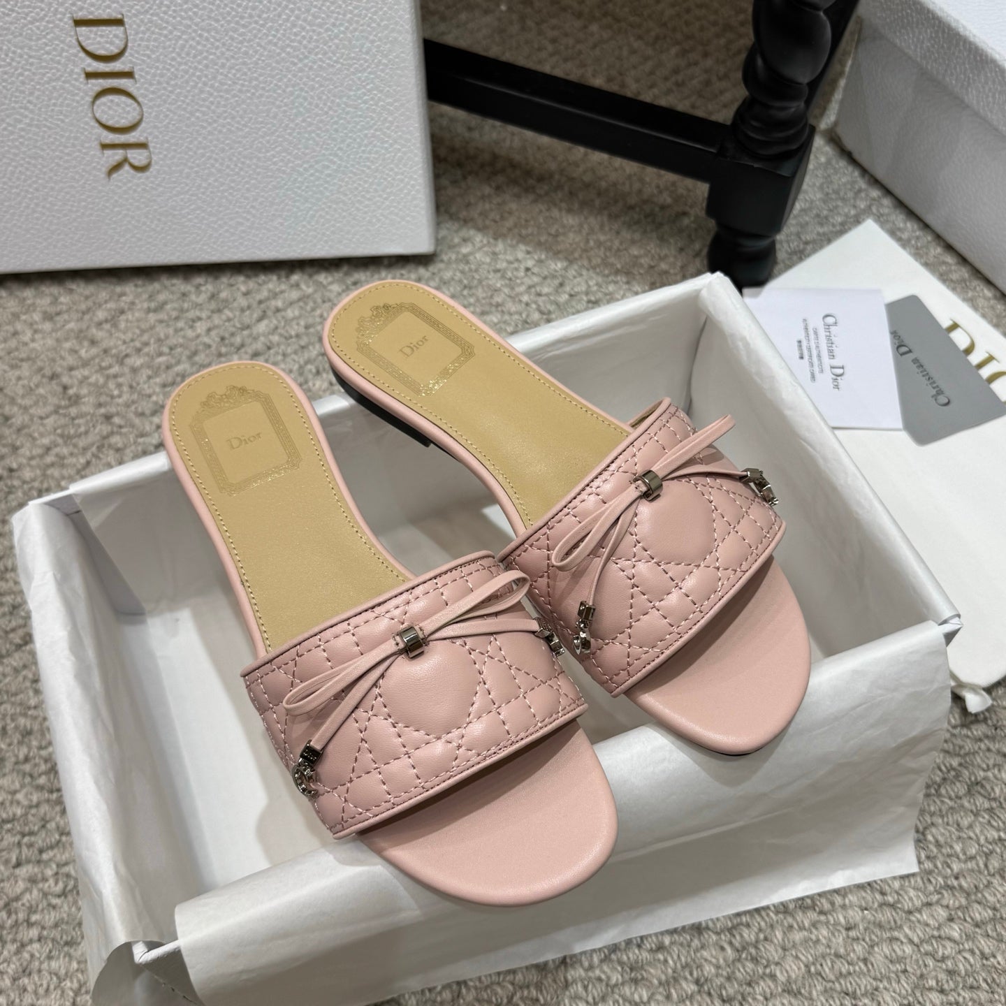 DIOR 26S FLAT MULES IN PINK QUILTED LAMBSKIN SILVER HARDWARE