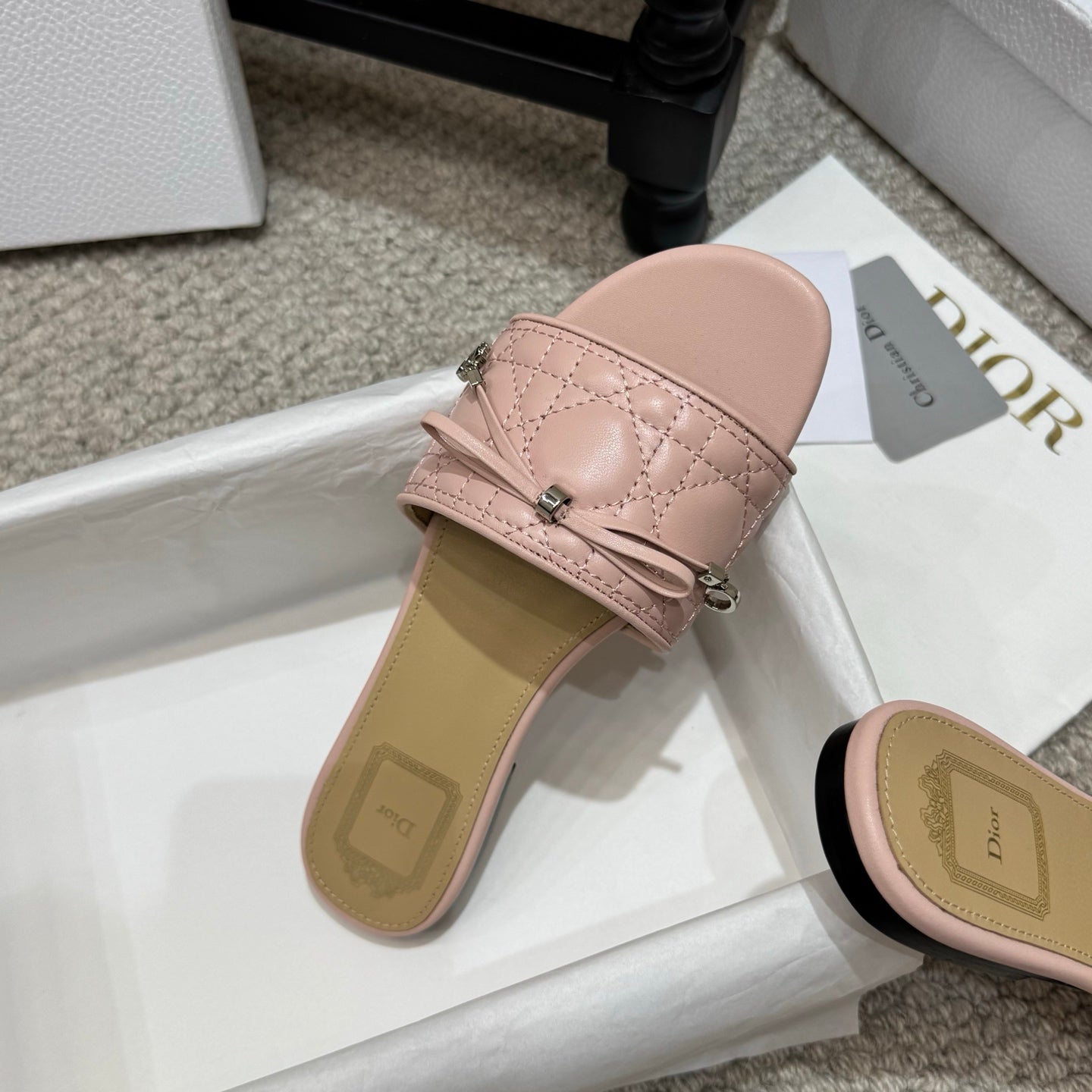 DIOR 26S FLAT MULES IN PINK QUILTED LAMBSKIN SILVER HARDWARE
