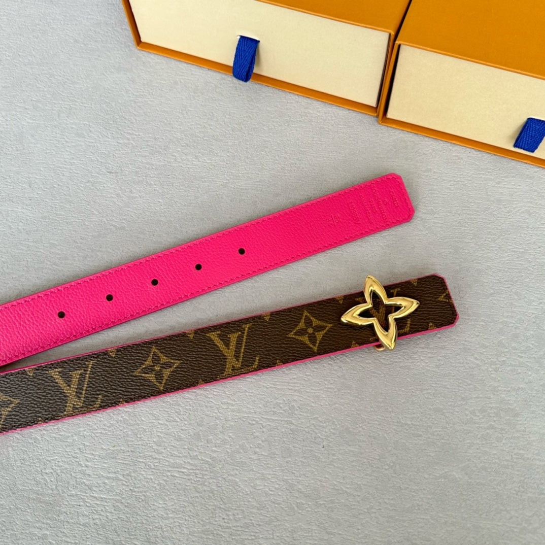 LV  MINI FLOWERGRAM 30MM REVERSIBLE BELT IN BRIGHT PINK CALFSKIN GOLD HARDWARE