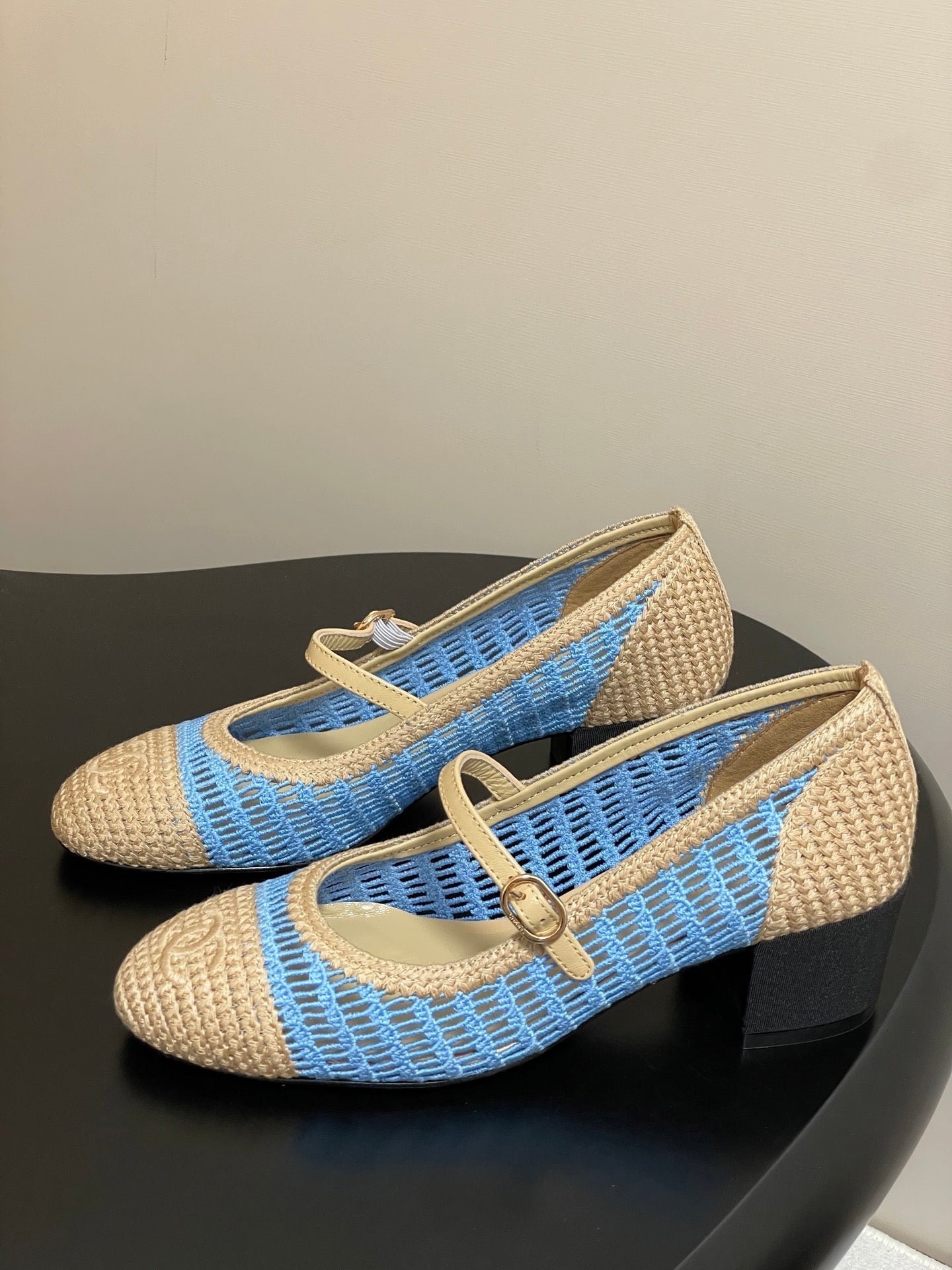 HIGH BALLET MARY JANE 50MM IN NATURAL BEIGE AND BLUE RAFFIA
