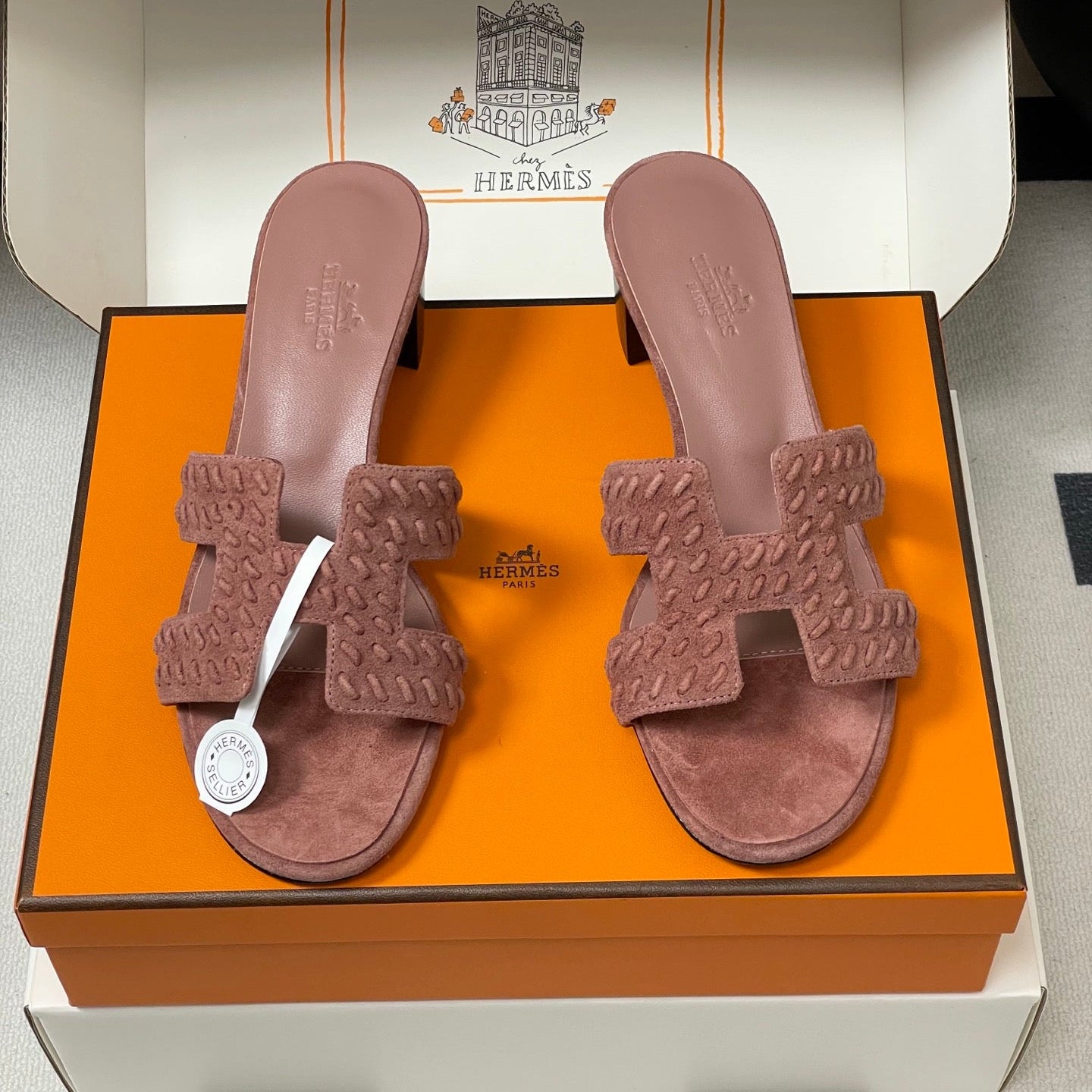 HM 25S ORAN HIGH‑HEEL SANDAL IN PEACHY PINK SUEDE AND LAMBSKIN