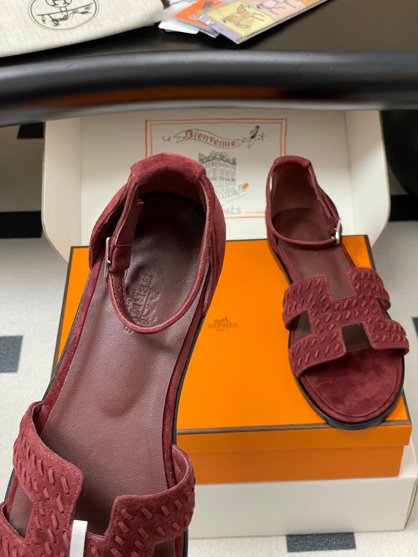 HM 25S SANTORINI SANDAL IN DARK RED SUEDE AND LAMBSKIN