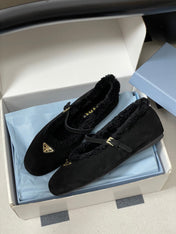 PRADA 25S MARY JANE FLATS IN BLACK SUEDE WITH GOLD HARDWARE