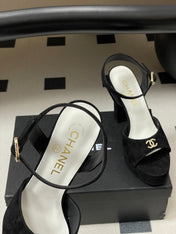 CHANEL 26S HIGH HEEL SANDALS 120 MM IN BLACK SUEDE