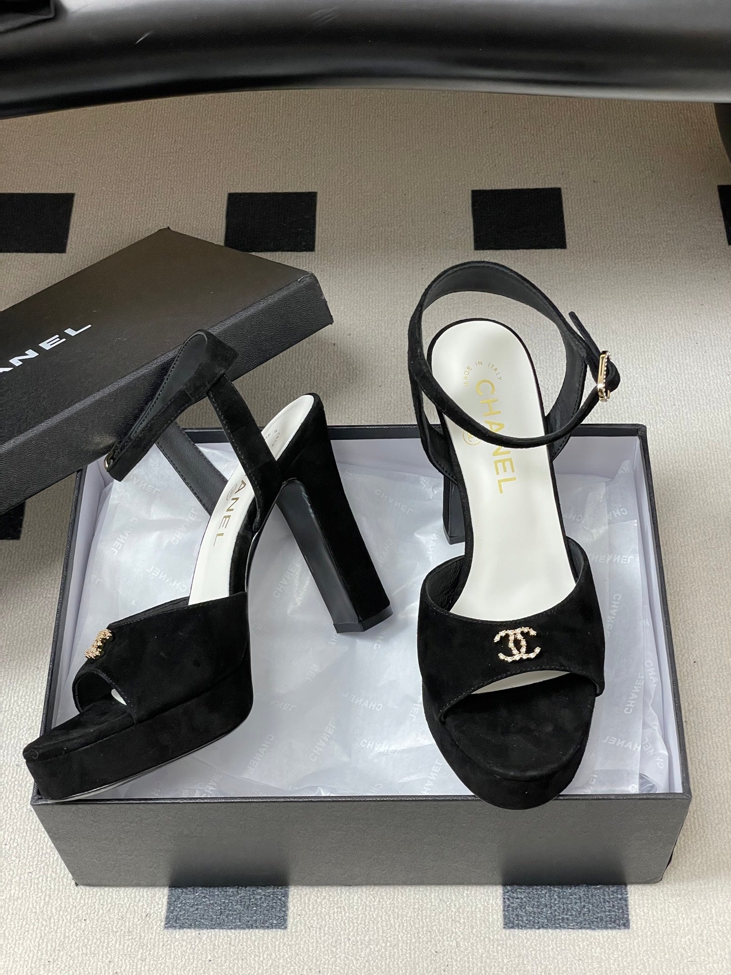 CHANEL 26S HIGH HEEL SANDALS 120 MM IN BLACK SUEDE