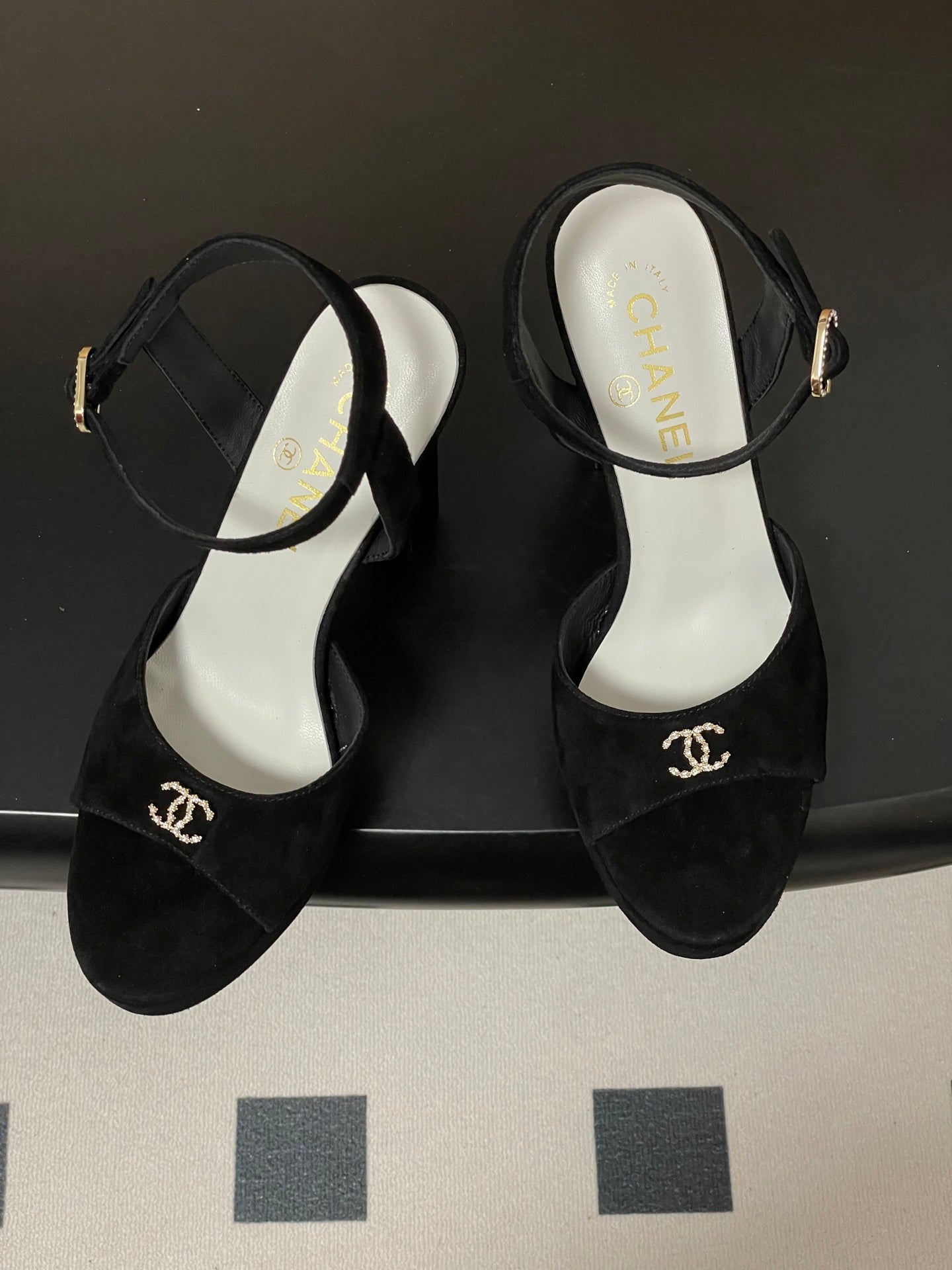 CHANEL 26S HIGH HEEL SANDALS 120 MM IN BLACK SUEDE