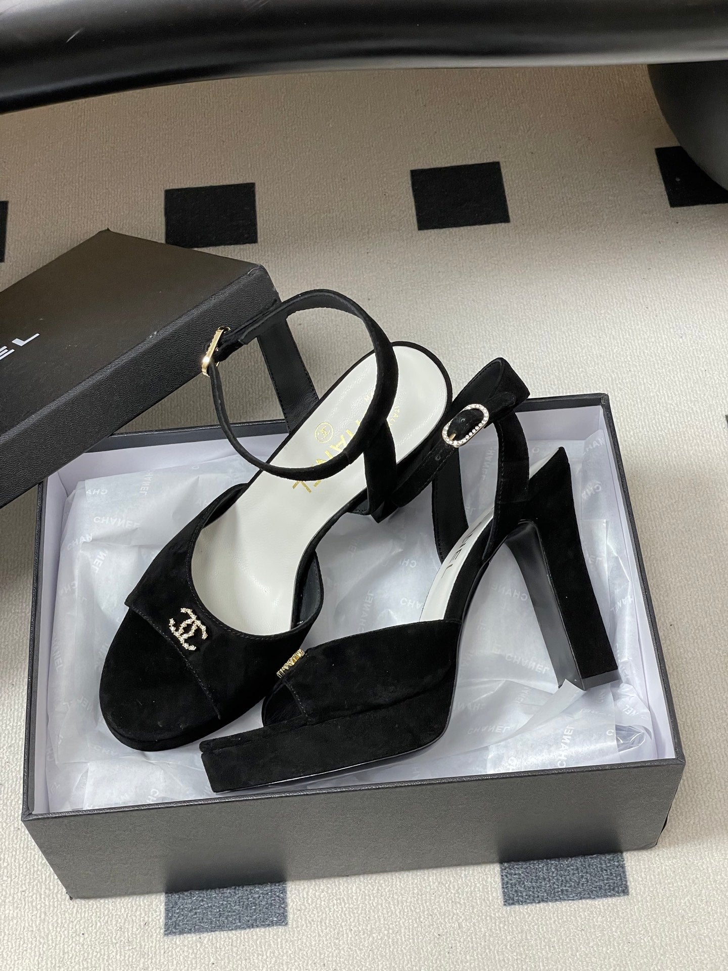 CHANEL 26S HIGH HEEL SANDALS 120 MM IN BLACK SUEDE