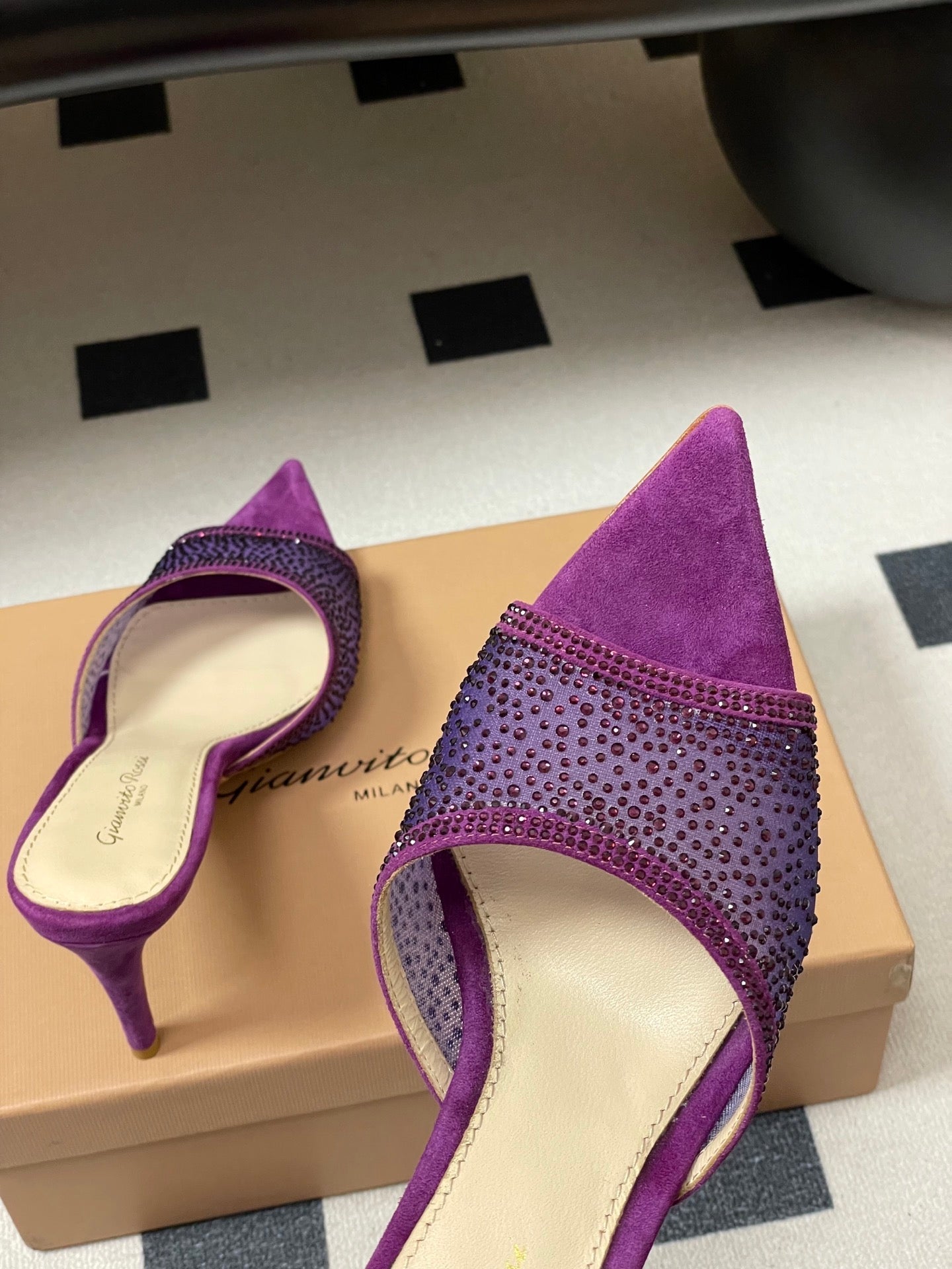 GIANVITO ROSSI 26S HIGH HEELS 85 MM IN PURPLE SUEDE WITH RHINESTONE STRAP