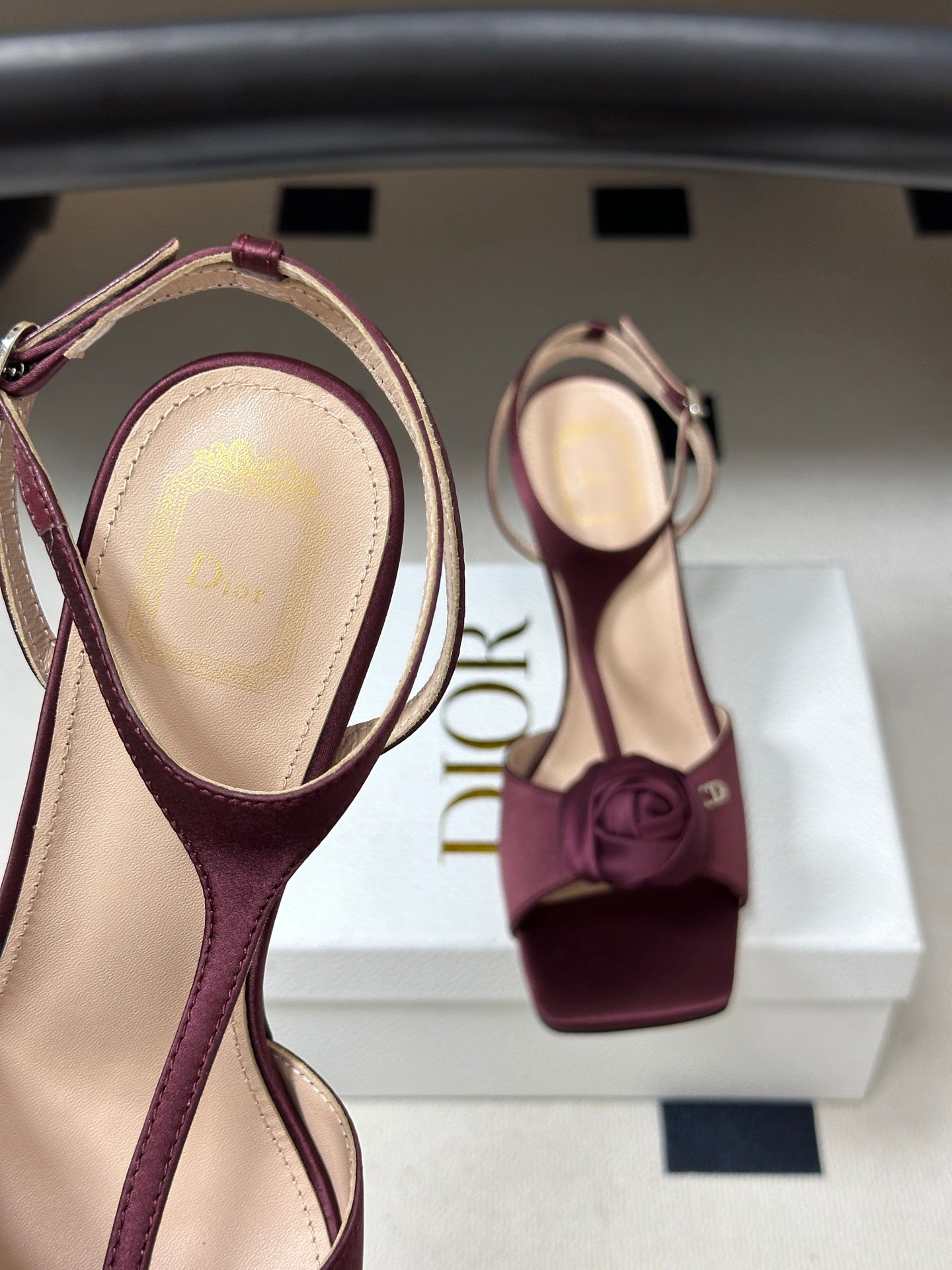 DIOR 26S ROSE HEELED SANDALS 85MM IN BURGUNDY RED SATIN