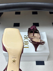 DIOR 26S ROSE HEELED SANDALS 85MM IN BURGUNDY RED SATIN