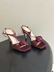 DIOR 26S ROSE HEELED SANDALS 85MM IN BURGUNDY RED SATIN