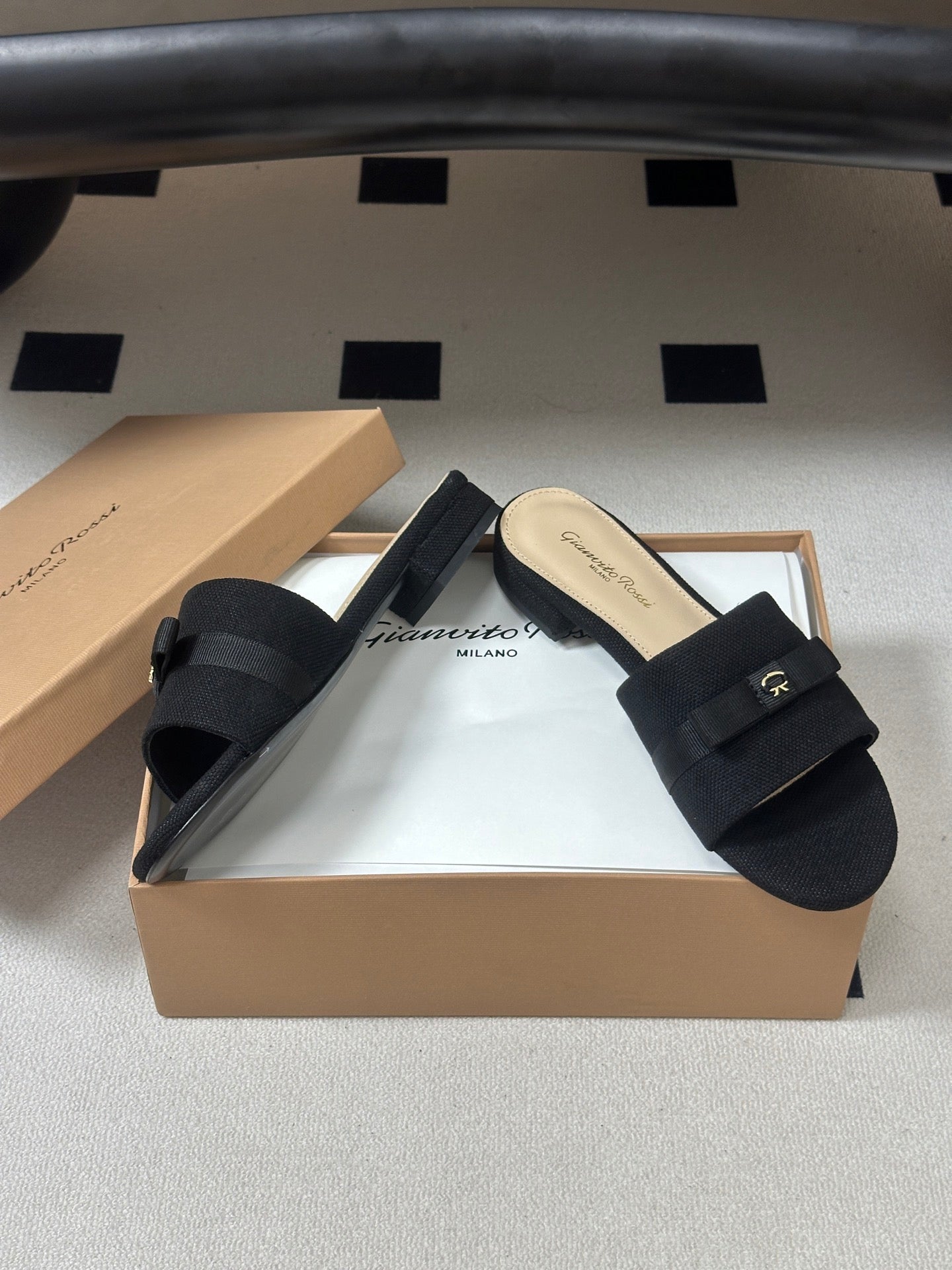 GIANVITO ROSSI 26S SLIDES IN BLACK FABRIC