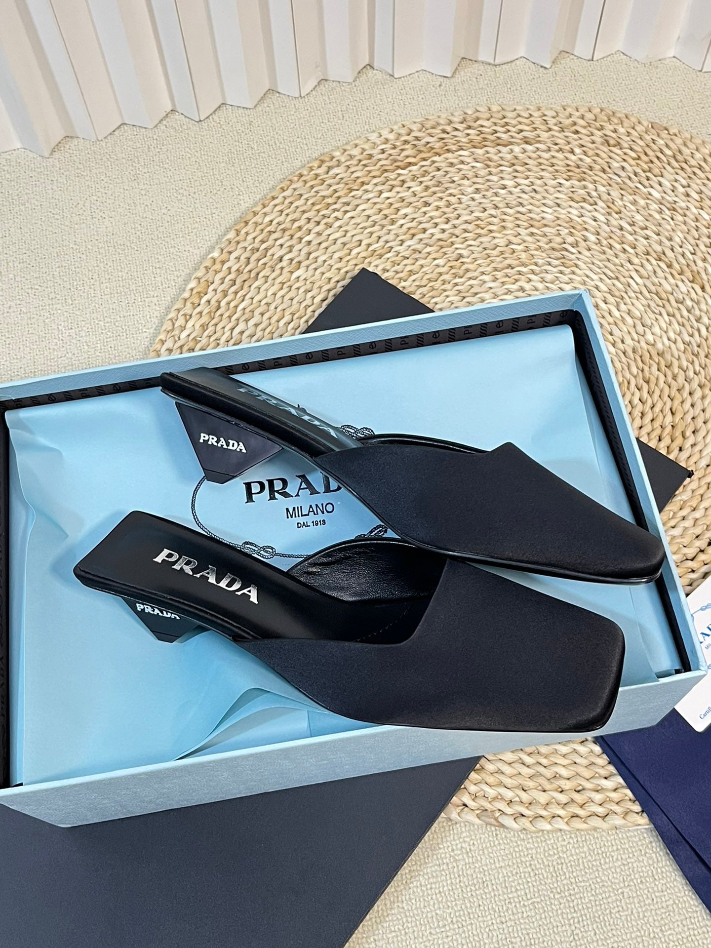 PRA SQUARE TOE MULES BLACK SATIN