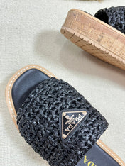 PRA WEDGE FLATFORM SLIDES BLACK RAFFIA