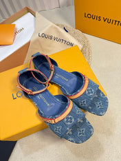 LV 26S ANKLE STRAP FLATS IN BLUE MONOGRAM DENIM