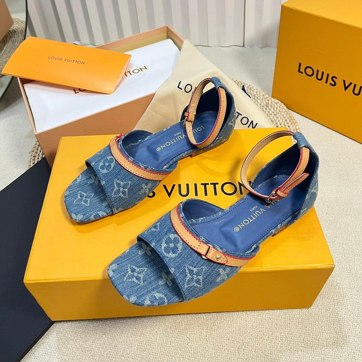 LV 26S ANKLE STRAP FLATS IN BLUE MONOGRAM DENIM