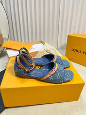LV 26S ANKLE STRAP FLATS IN BLUE MONOGRAM DENIM
