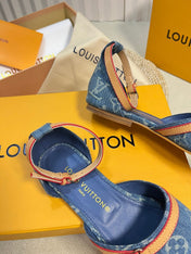 LV 26S ANKLE STRAP FLATS IN BLUE MONOGRAM DENIM