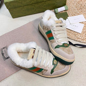 SNEAKER WITH WEB IN BEIGE GREEN FABRIC MIX SUEDE AND LAMB WOOL LINING