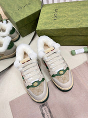 SNEAKER WITH WEB IN BEIGE GREEN FABRIC MIX SUEDE AND LAMB WOOL LINING