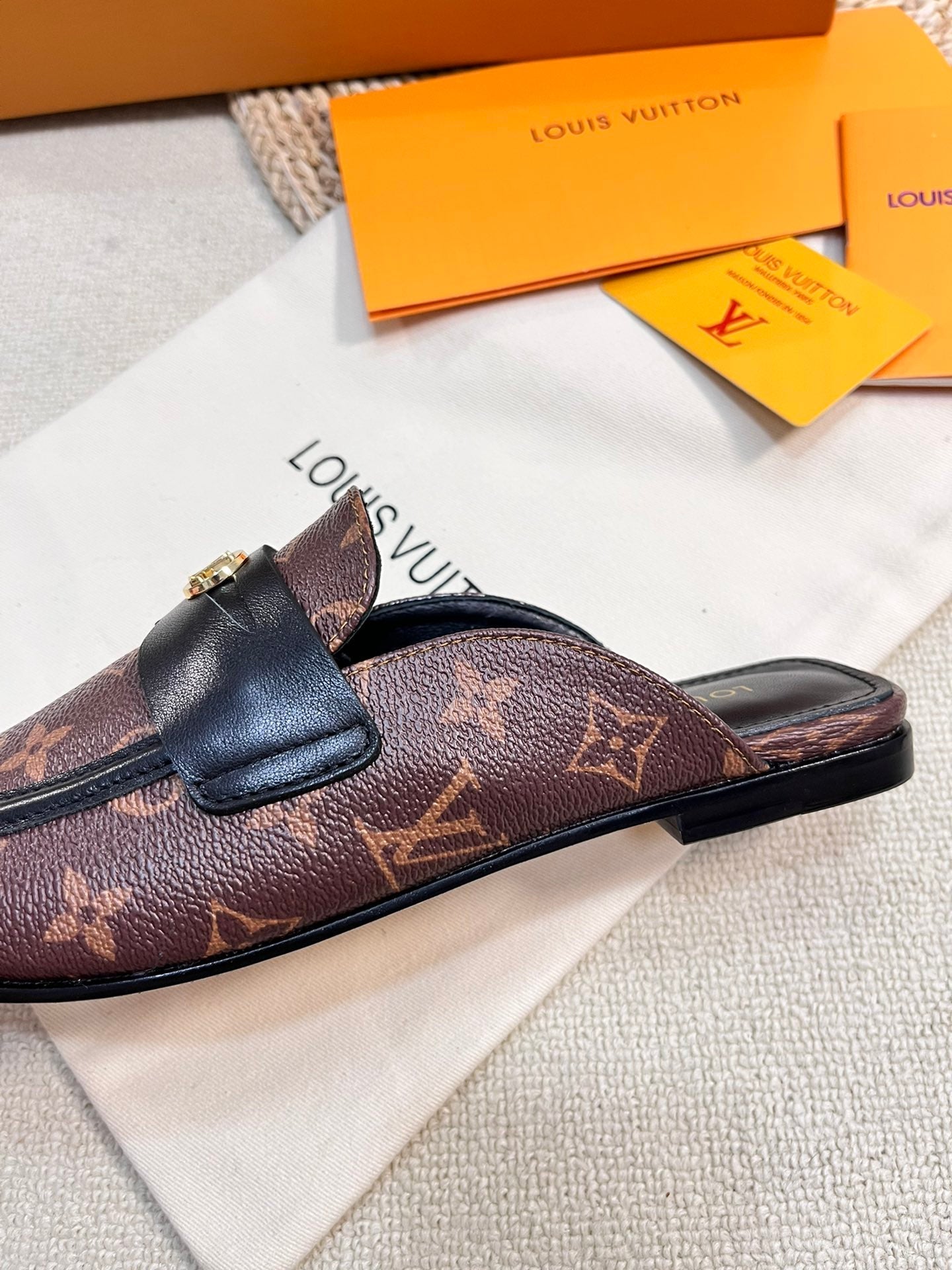 LV CAPRI OPEN BACK LOAFERS IN CHESTNUT BROWN MONOGRAM CALFSKIN