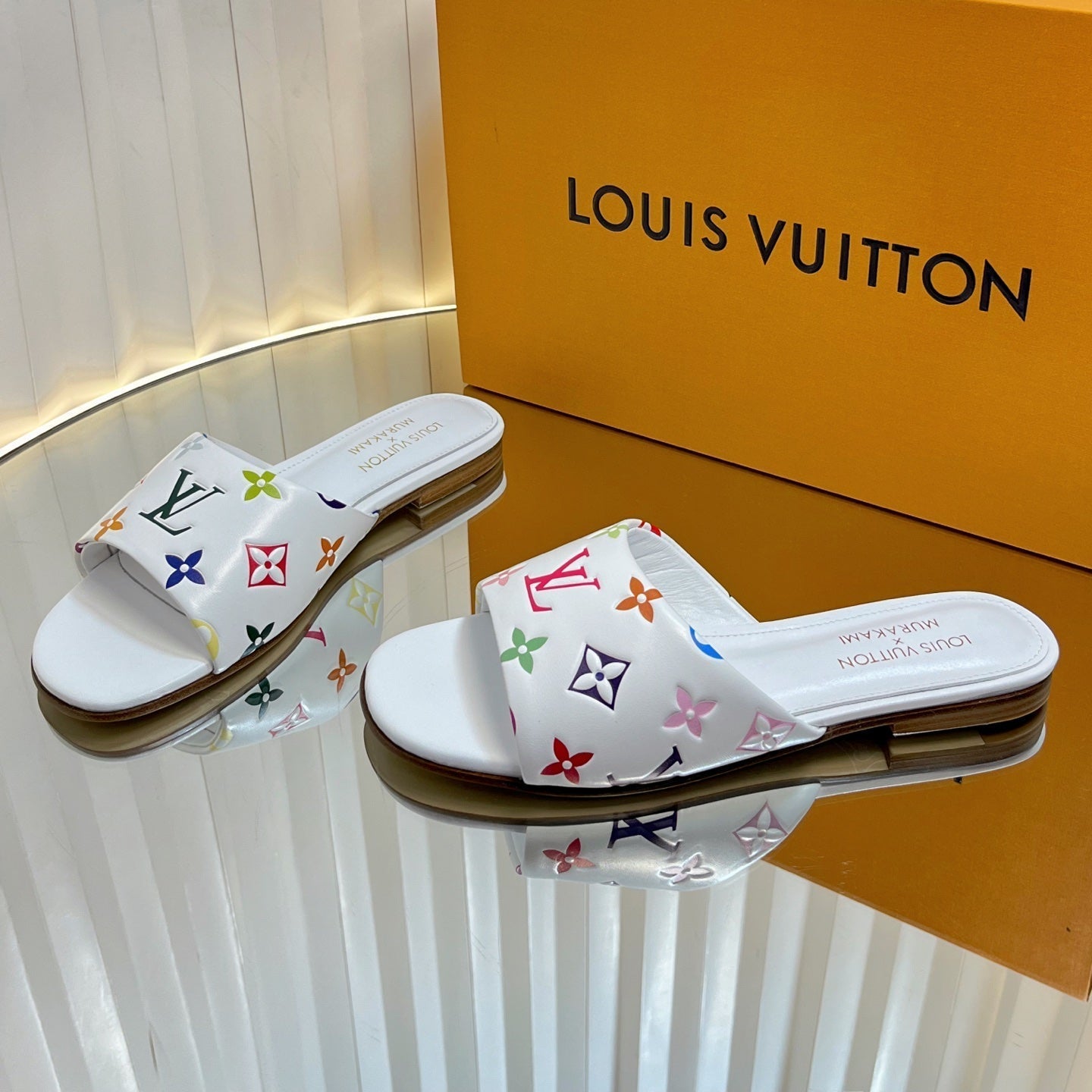LV 26S FLAT MULES IN WHITE MULTICOLOR MONOGRAM CALFSKIN