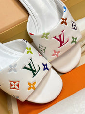 LV 26S FLAT MULES IN WHITE MULTICOLOR MONOGRAM CALFSKIN