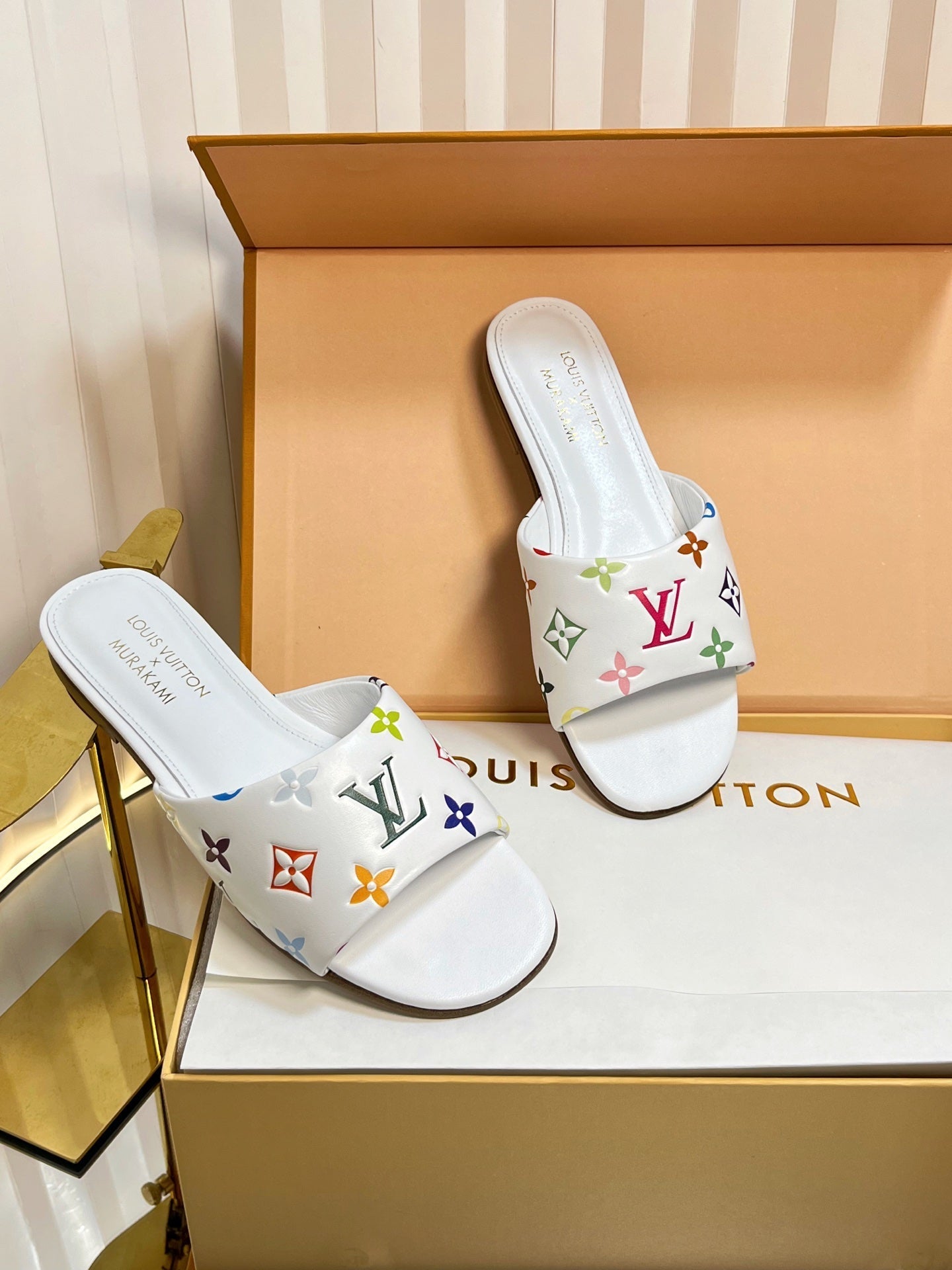 LV 26S FLAT MULES IN WHITE MULTICOLOR MONOGRAM CALFSKIN
