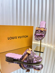 LV 26S FLAT MULES IN DARK BROWN CALFSKIN CHERRY BLOSSOM MONOGRAM WITH BOW