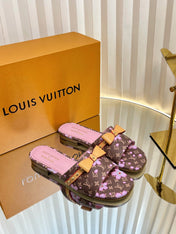 LV 26S FLAT MULES IN DARK BROWN CALFSKIN CHERRY BLOSSOM MONOGRAM WITH BOW