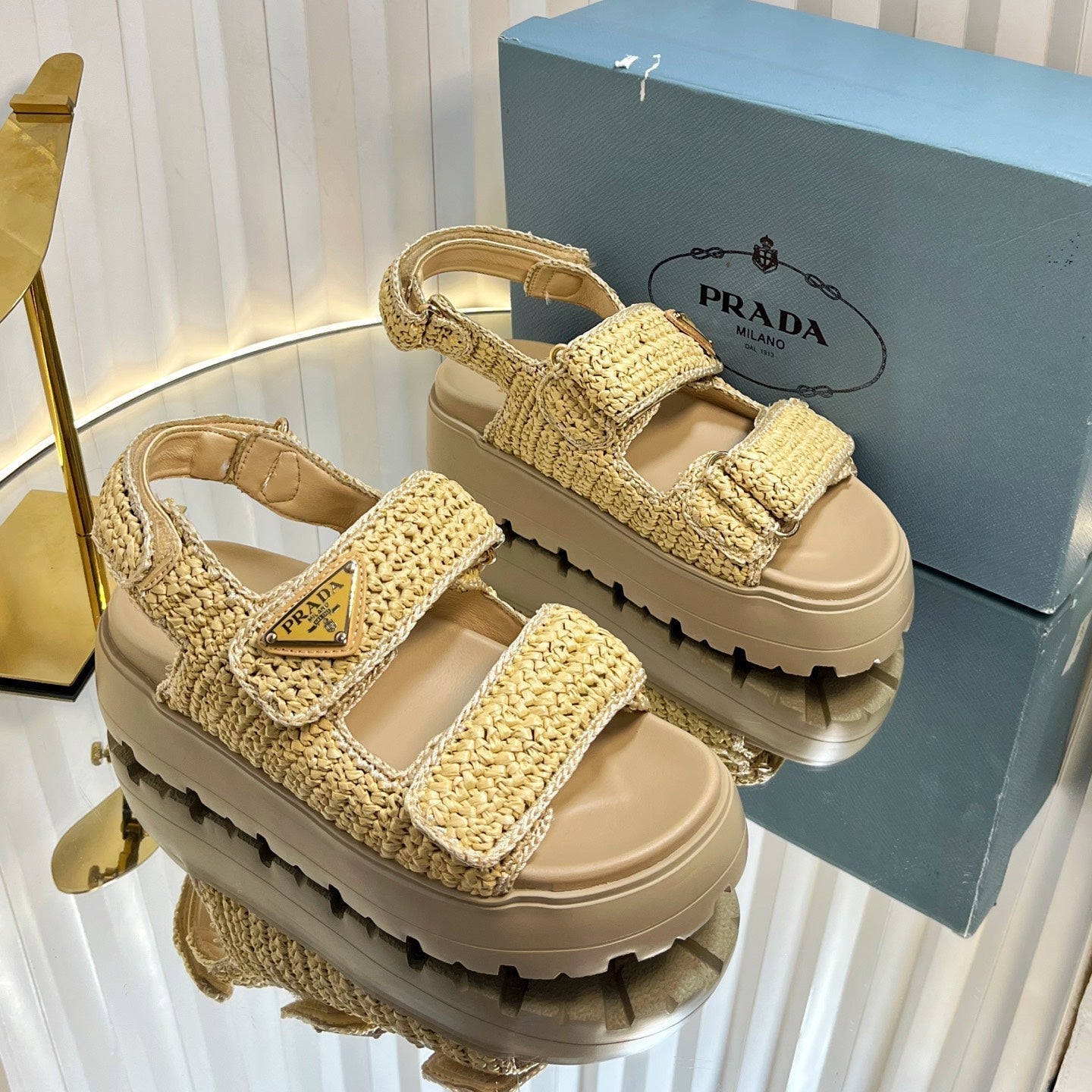 PRA THICK-SOLED SLIDE IN BEIGE RAFFIA