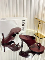 LOEWE 26S HEELED THONG SANDALS 90 MM IN DARK RED CALFSKIN