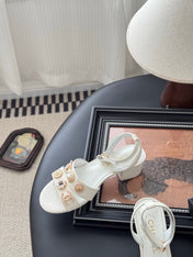 HIGH SANDALS IN WHITE TWEED WITH LOGO STICKER DETAIL