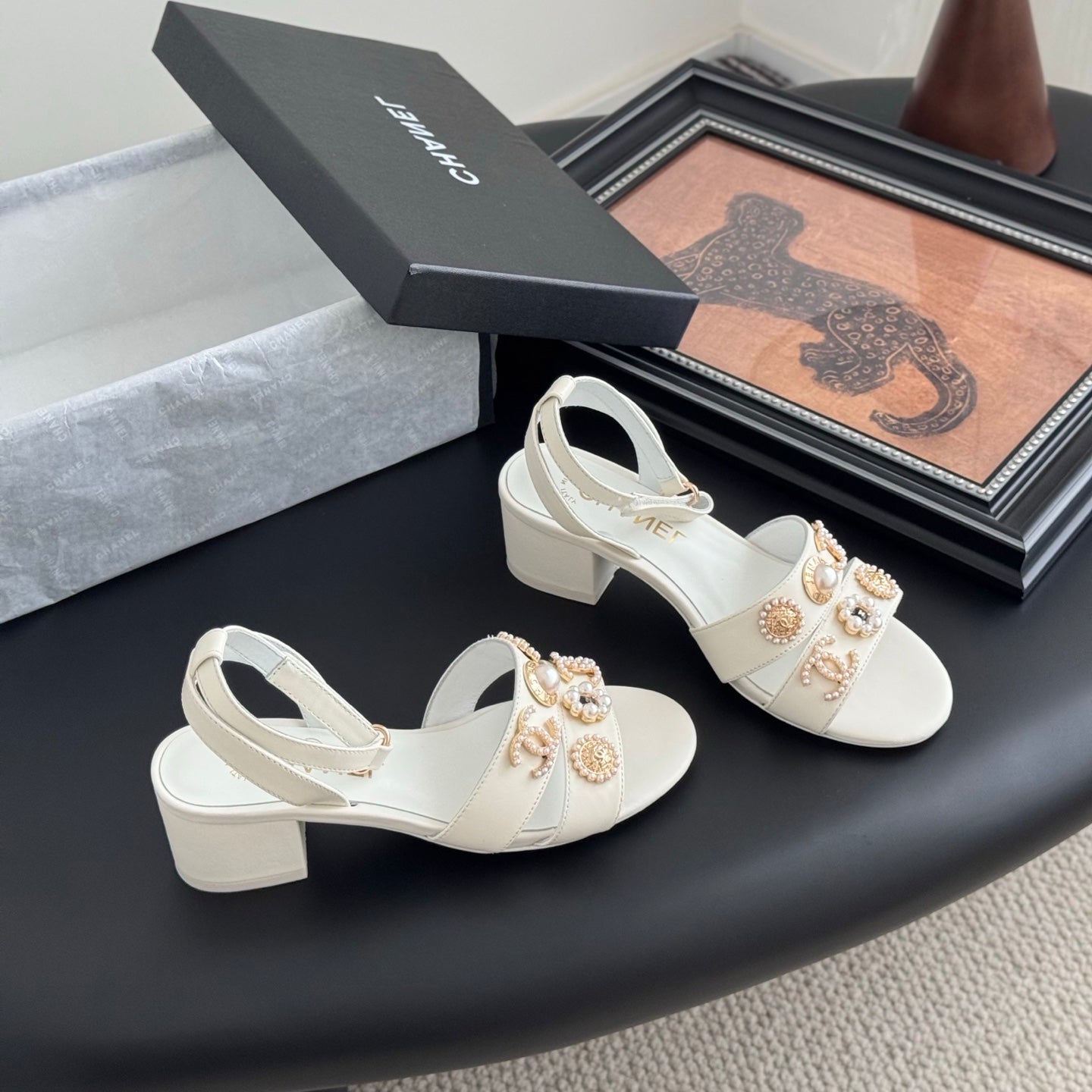 HIGH SANDALS IN WHITE TWEED WITH LOGO STICKER DETAIL