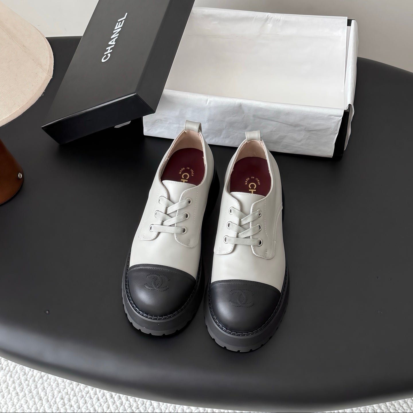 CHANEL 26S LACE UP PLATFORM IN BLACK AND GREY CALFSKIN