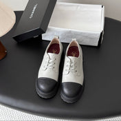 CHANEL 26S LACE UP PLATFORM IN BLACK AND GREY CALFSKIN