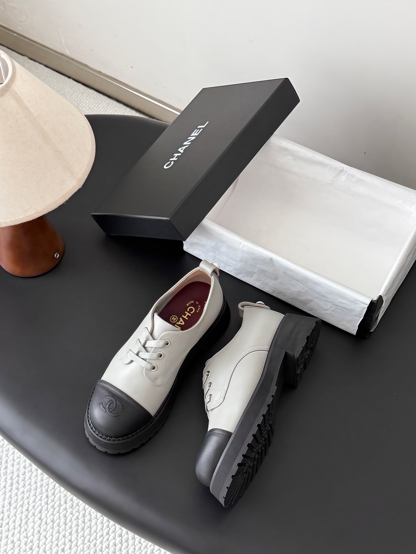 CHANEL 26S LACE UP PLATFORM IN BLACK AND GREY CALFSKIN