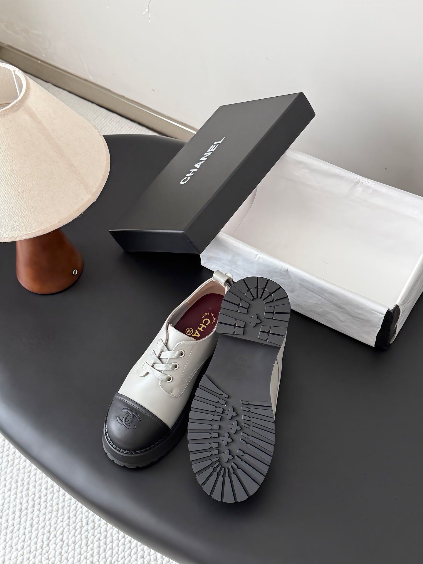 CHANEL 26S LACE UP PLATFORM IN BLACK AND GREY CALFSKIN