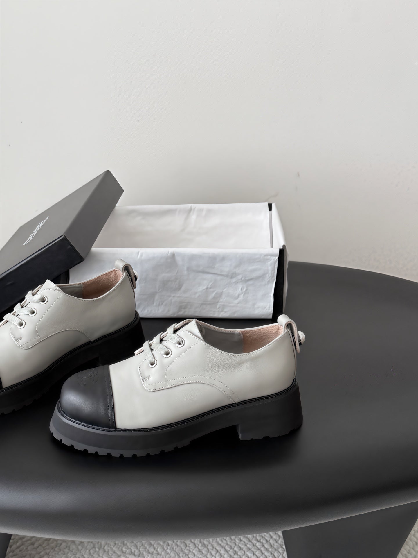 CHANEL 26S LACE UP PLATFORM IN BLACK AND GREY CALFSKIN