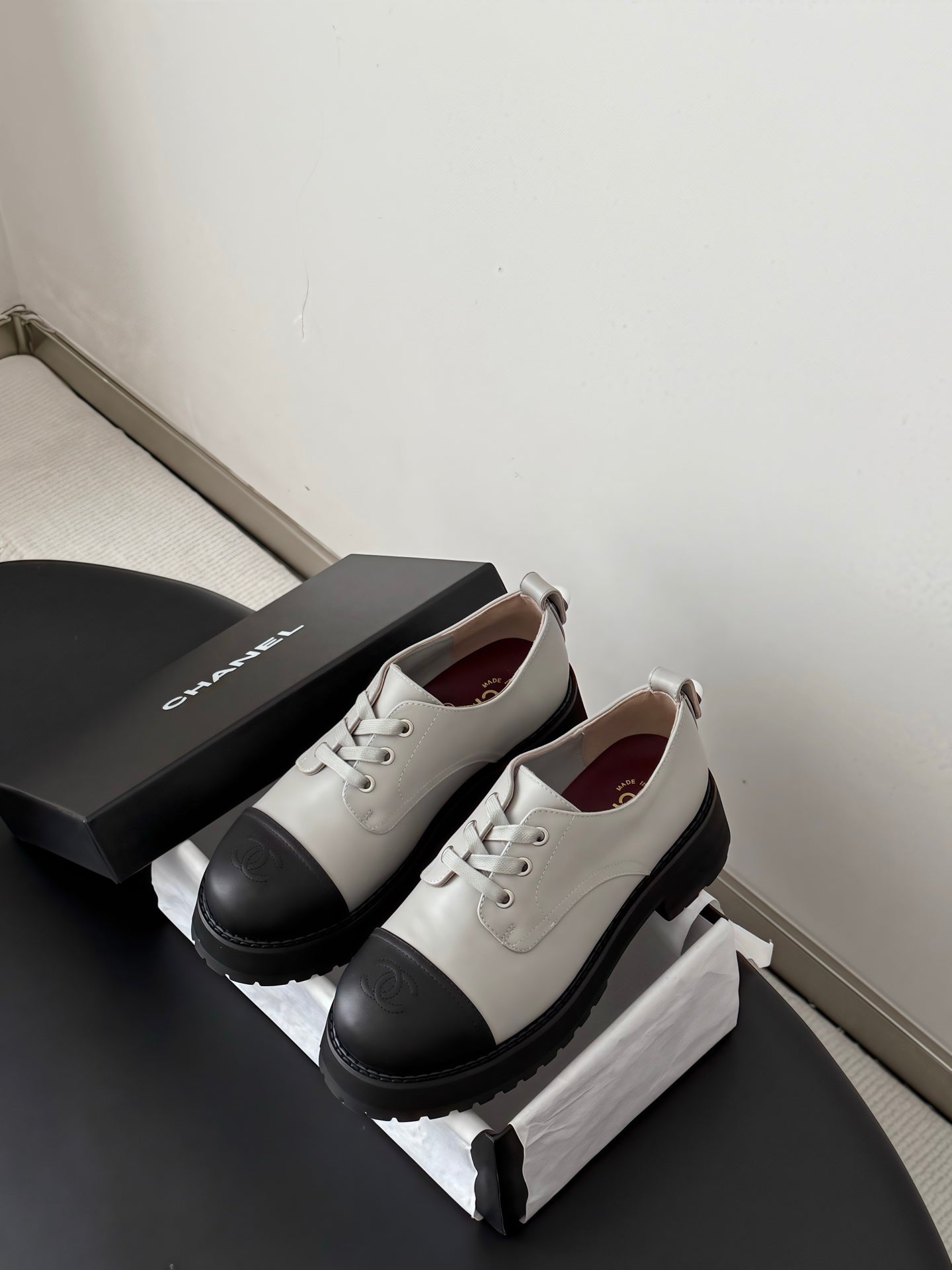 CHANEL 26S LACE UP PLATFORM IN BLACK AND GREY CALFSKIN