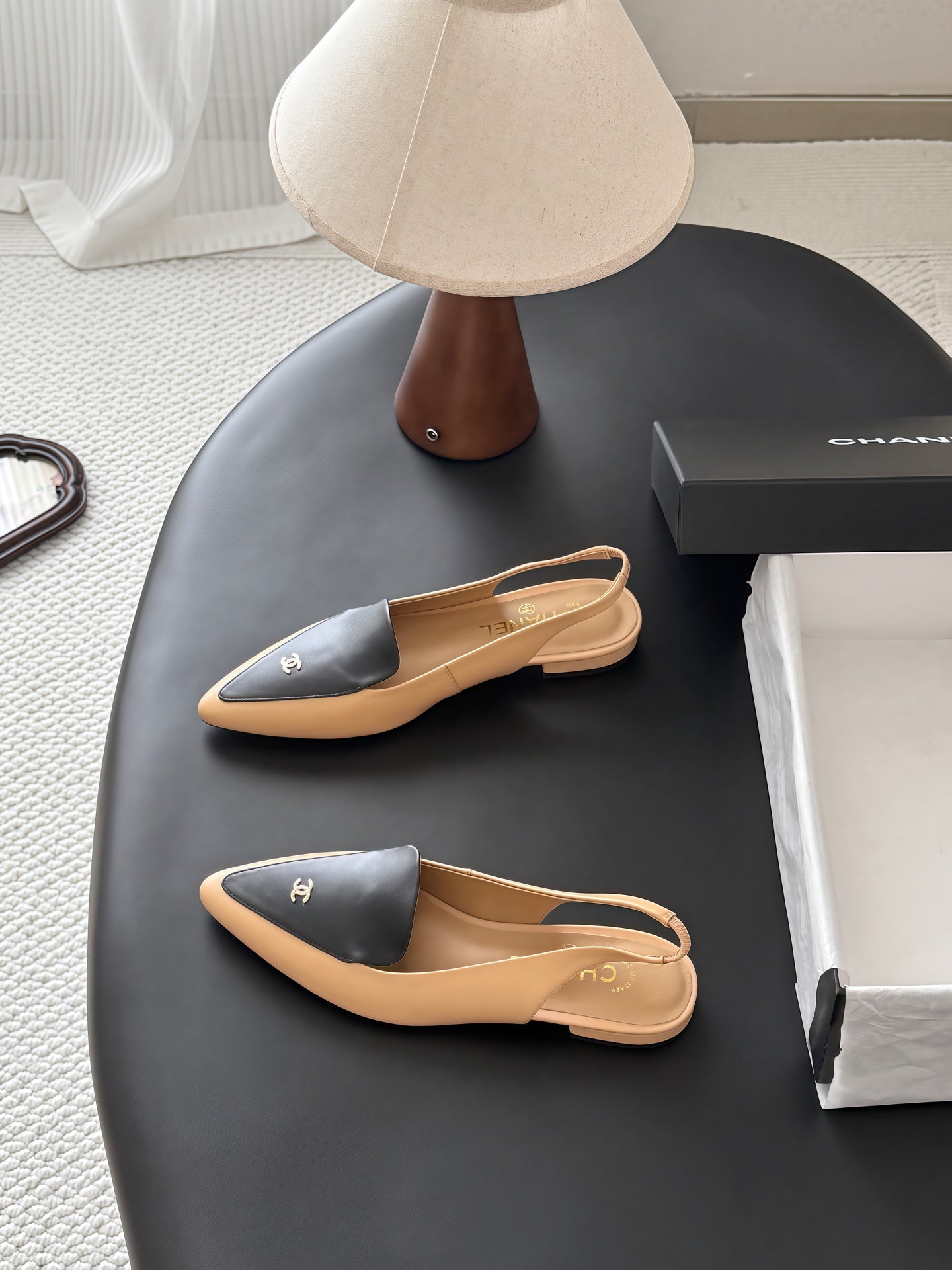 CHANEL 26S SLINGBACK FLAT IN BLACK AND BEIGE CALFSKIN