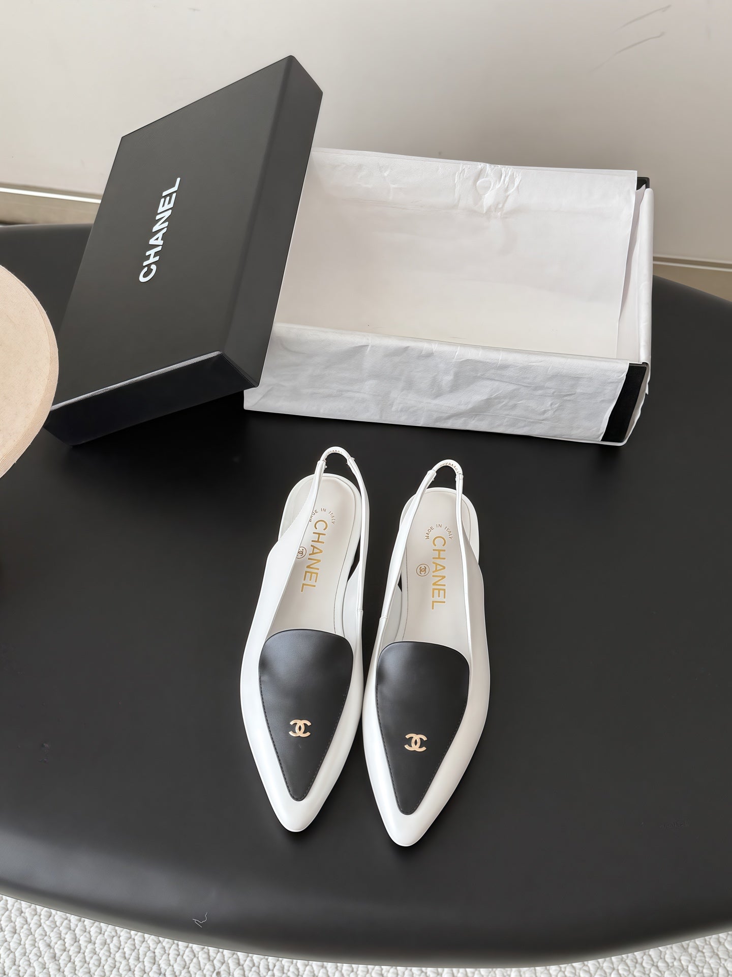 CHANEL 26S SLINGBACK FLAT IN BLACK AND WHITE CALFSKIN