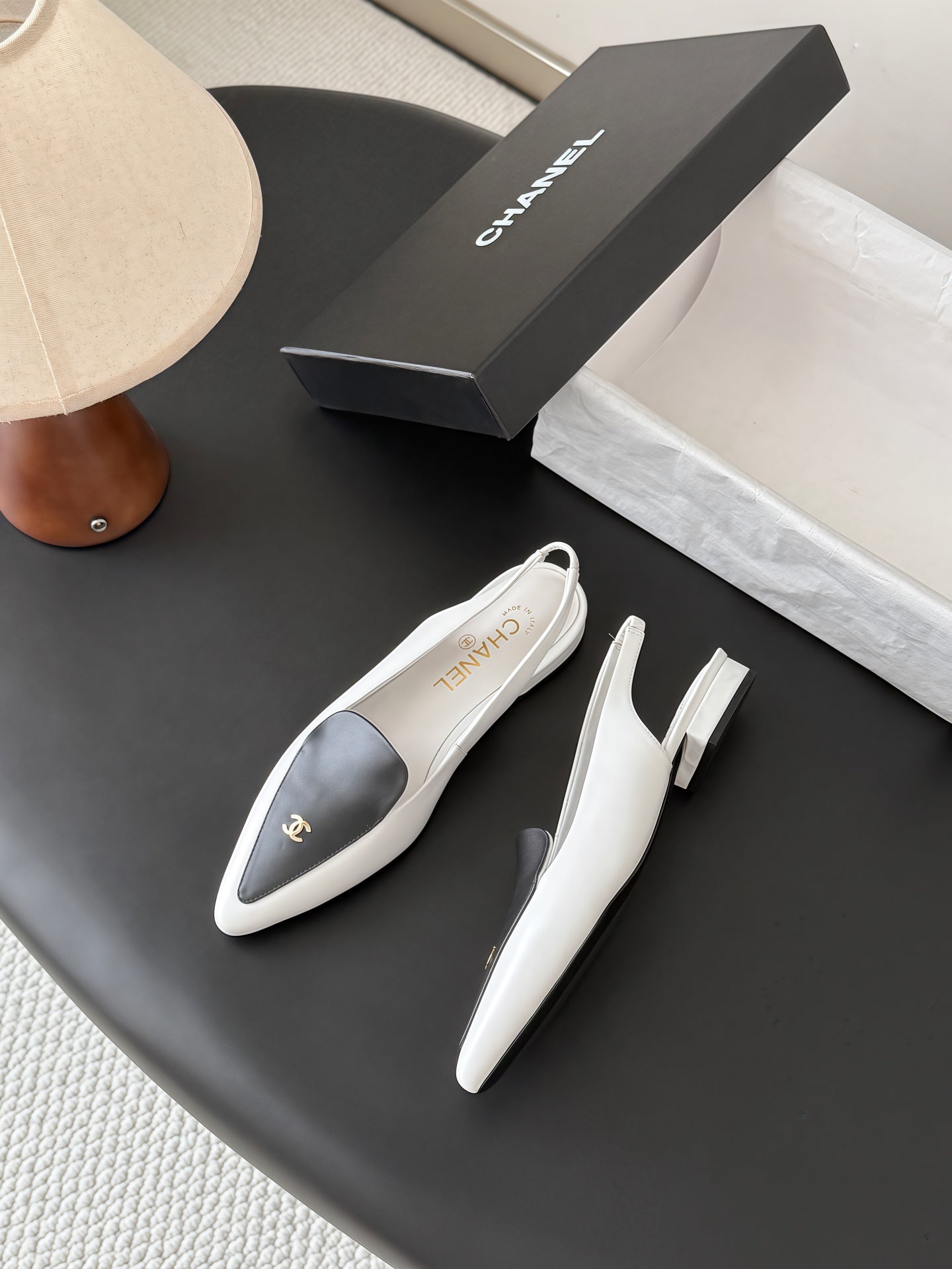 CHANEL 26S SLINGBACK FLAT IN BLACK AND WHITE CALFSKIN