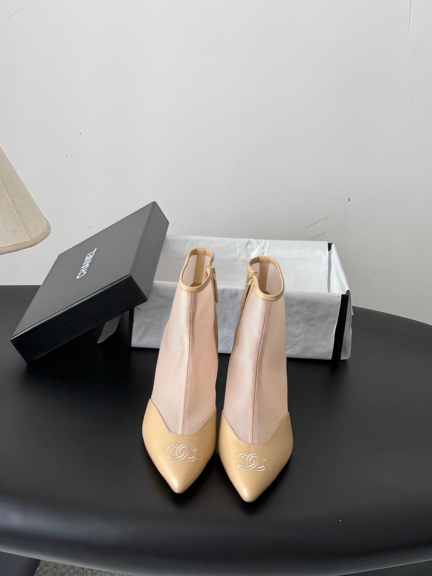 CHANEL 26S ANKLE BOOTS IN BEIGE LAMBSKIN