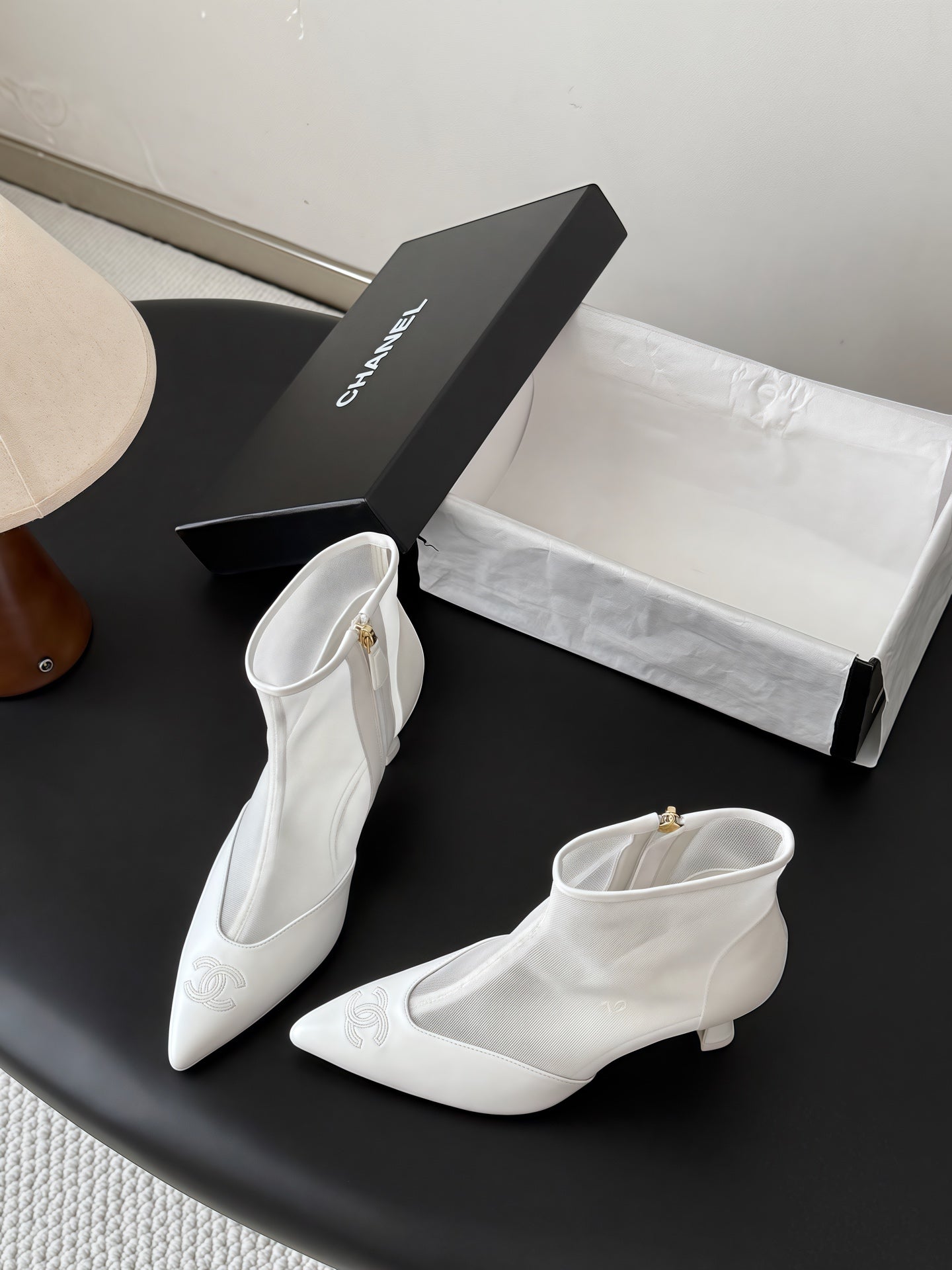 CHANEL 26S ANKLE BOOTS IN WHITE MESH